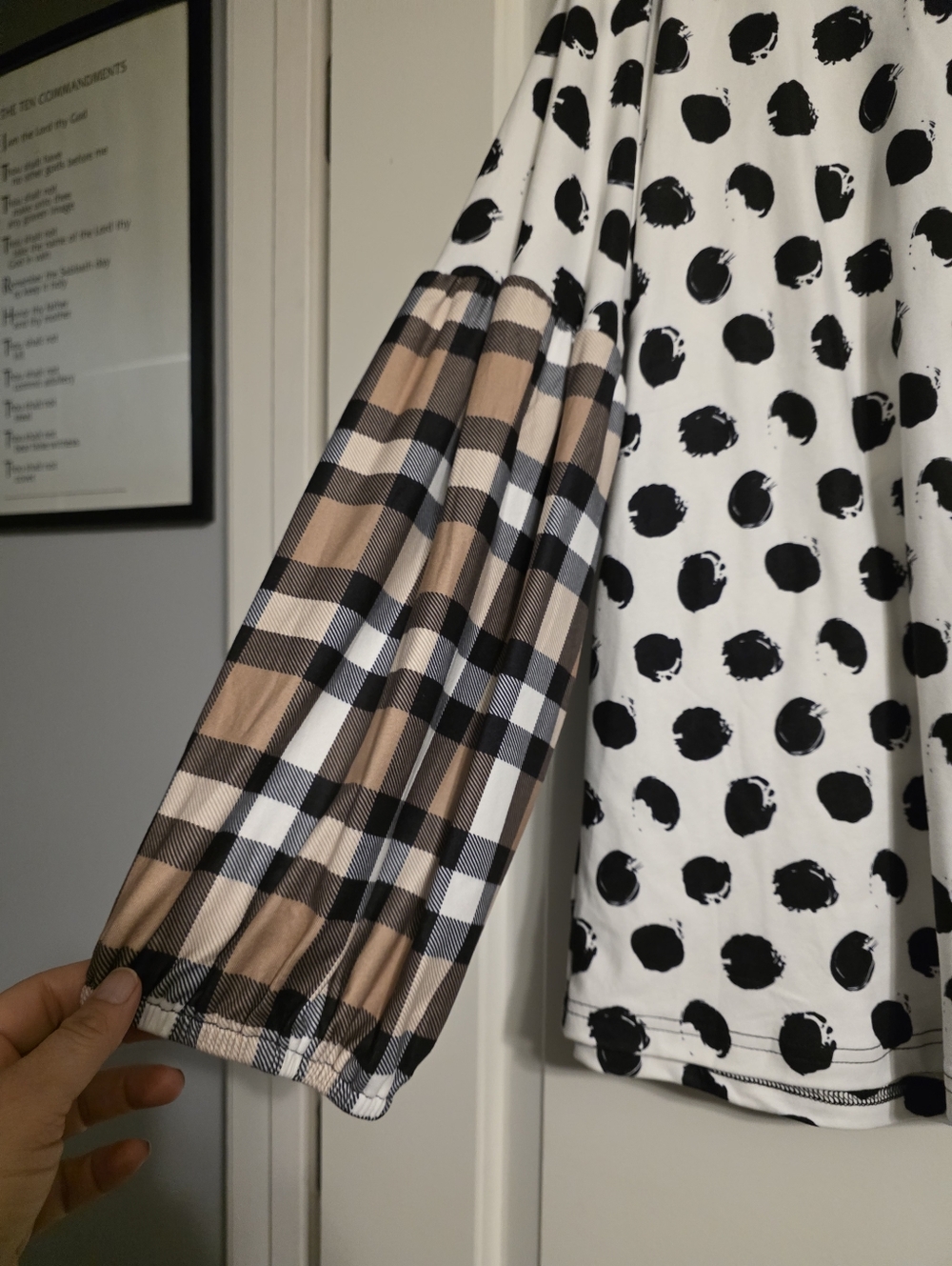 Nuggles Polka Dot Top with Plaid Sleeves - Black & Cream - Picture 4 of 6